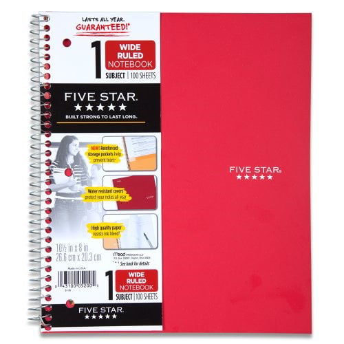 10-1/2 x 8 72017 1 Subject Five Star Spiral Notebook Wide Ruled Paper Red 100 Sheets 